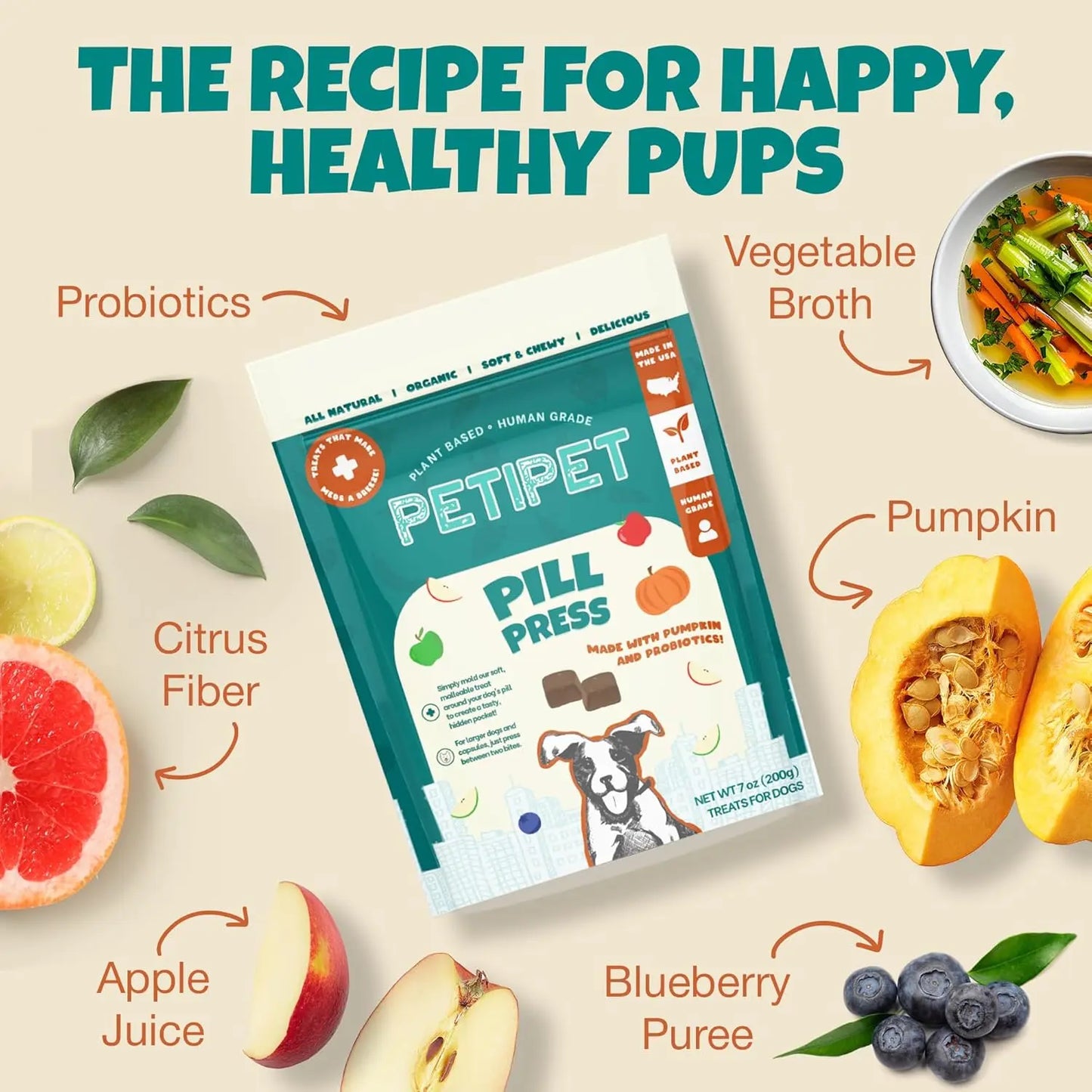 A bag of PETIPET Pill Press Dog Treats—vegan chews with pumpkin and probiotics—appears with images of plant-based ingredients like vegetable broth, blueberry puree, apple juice, and citrus fiber. Text: The Recipe for Happy, Healthy Pups.