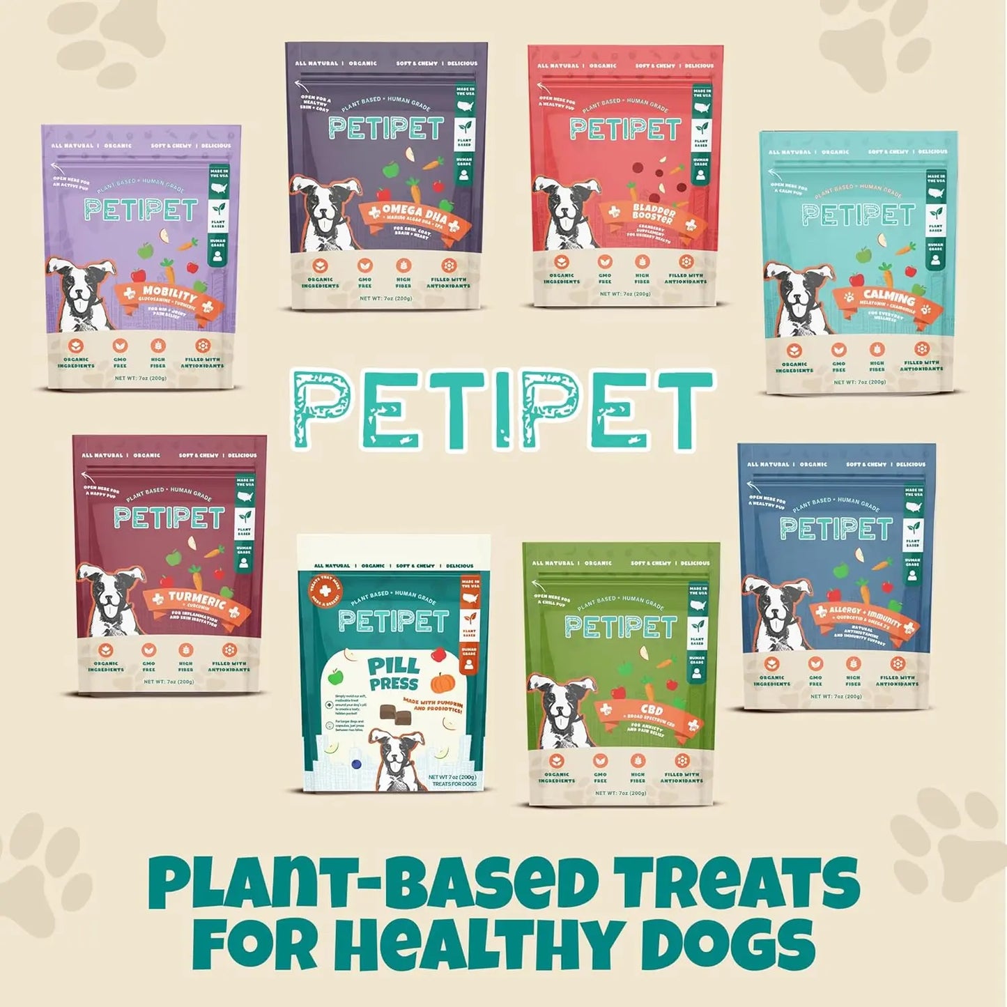 Eight PETIPET Pill Press Dog Treats bags are displayed in two rows on a beige paw print background, featuring vegan chews made with pumpkin and probiotics for healthy dogs. The treats are easy capsule & tablet hiders.