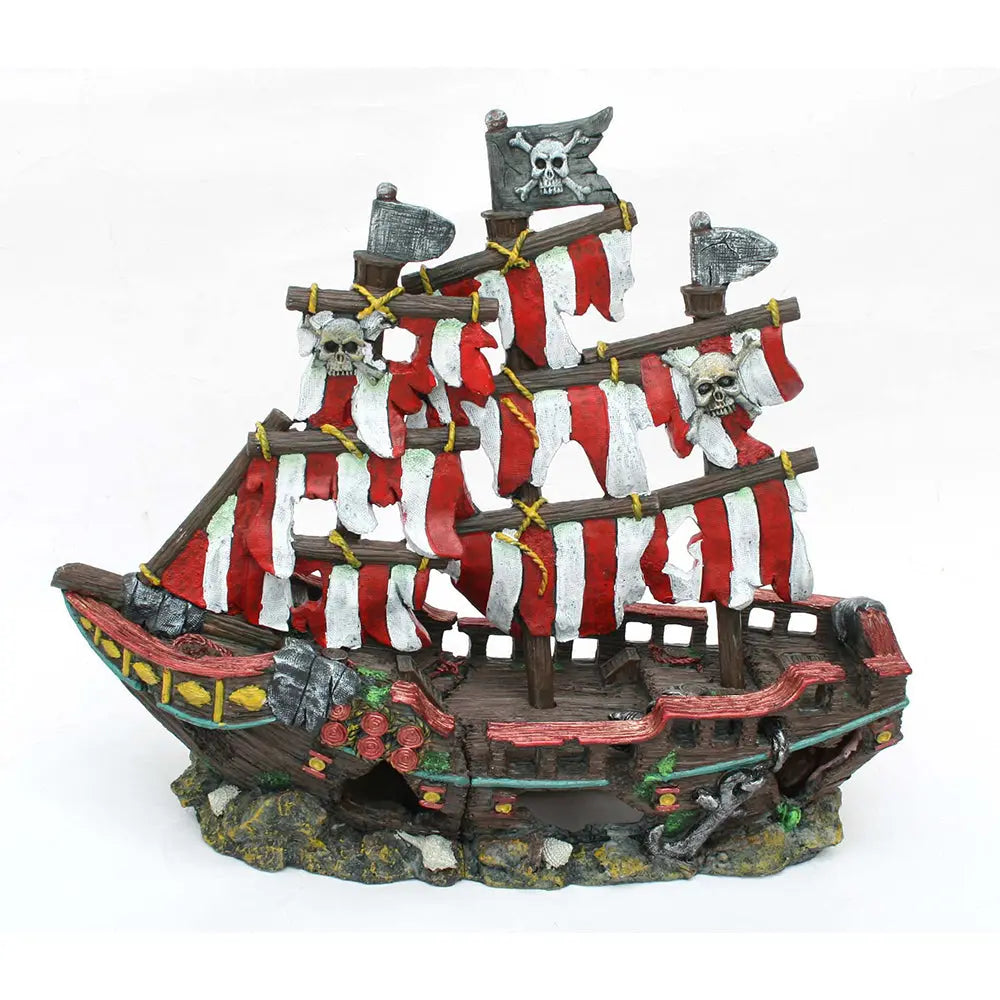 The Penn Plax Striped Pirate Shipwreck Aquatic Decor features red and white striped sails with skull and crossbones flags, ornate details, and a weathered look. Ideal for aquariums, this durable decor provides fish hiding spots with its rocky base.