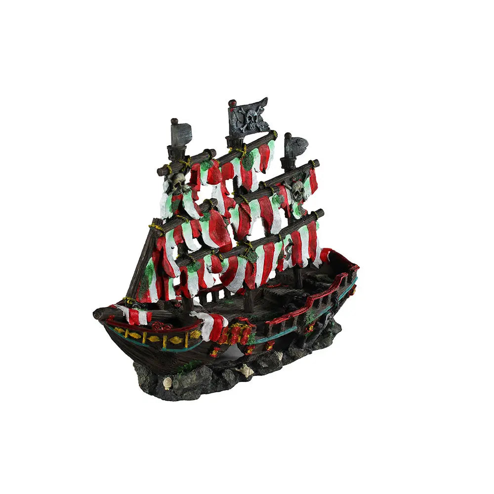The Penn Plax Striped Pirate Shipwreck Aquatic Decor features vintage design with red and white cloth sails, multiple masts, and intricate hull details, making it an ideal weathered pirate ship decoration for aquariums.