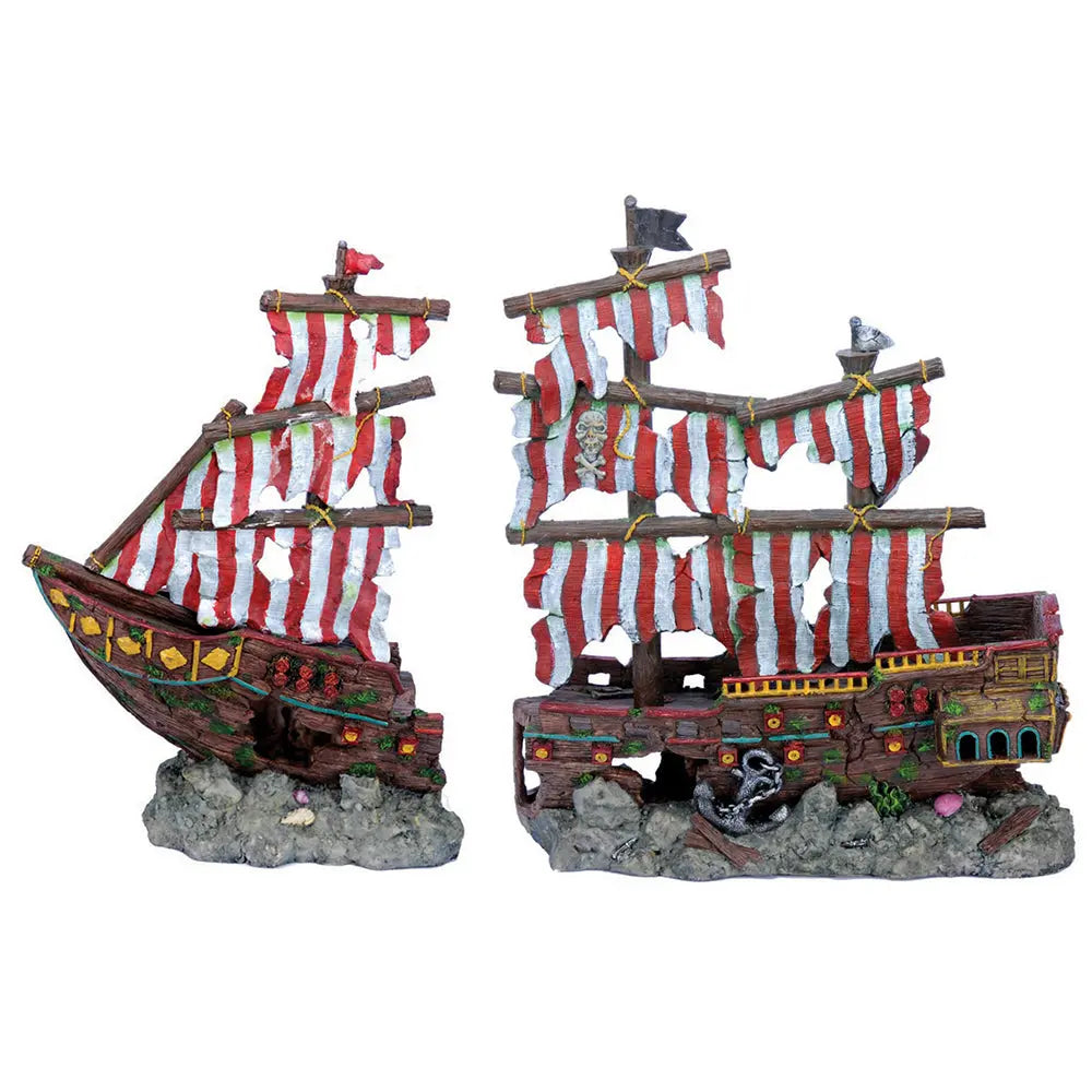 The Penn Plax Striped Pirate Shipwreck Aquatic Decor, split into two pieces with red and white striped sails, gold accents, and visible damage, rests on a gray ocean rock-like base to enhance any aquarium with adventurous charm.