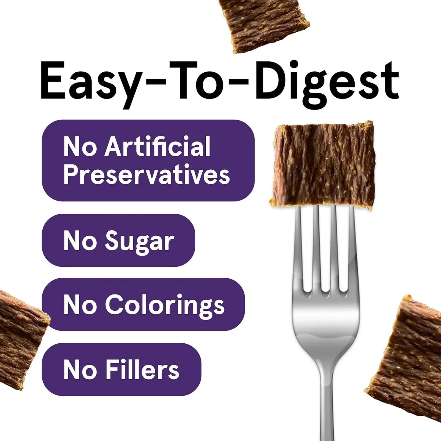 Text reads “Easy-To-Digest” with a fork holding Real Meat® Lamb & Lamb Liver Jerky Dog Treat. Purple boxes list: No Artificial Preservatives, No Sugar, No Colorings, No Fillers. Pieces of Real Meat® treats surround the edges.