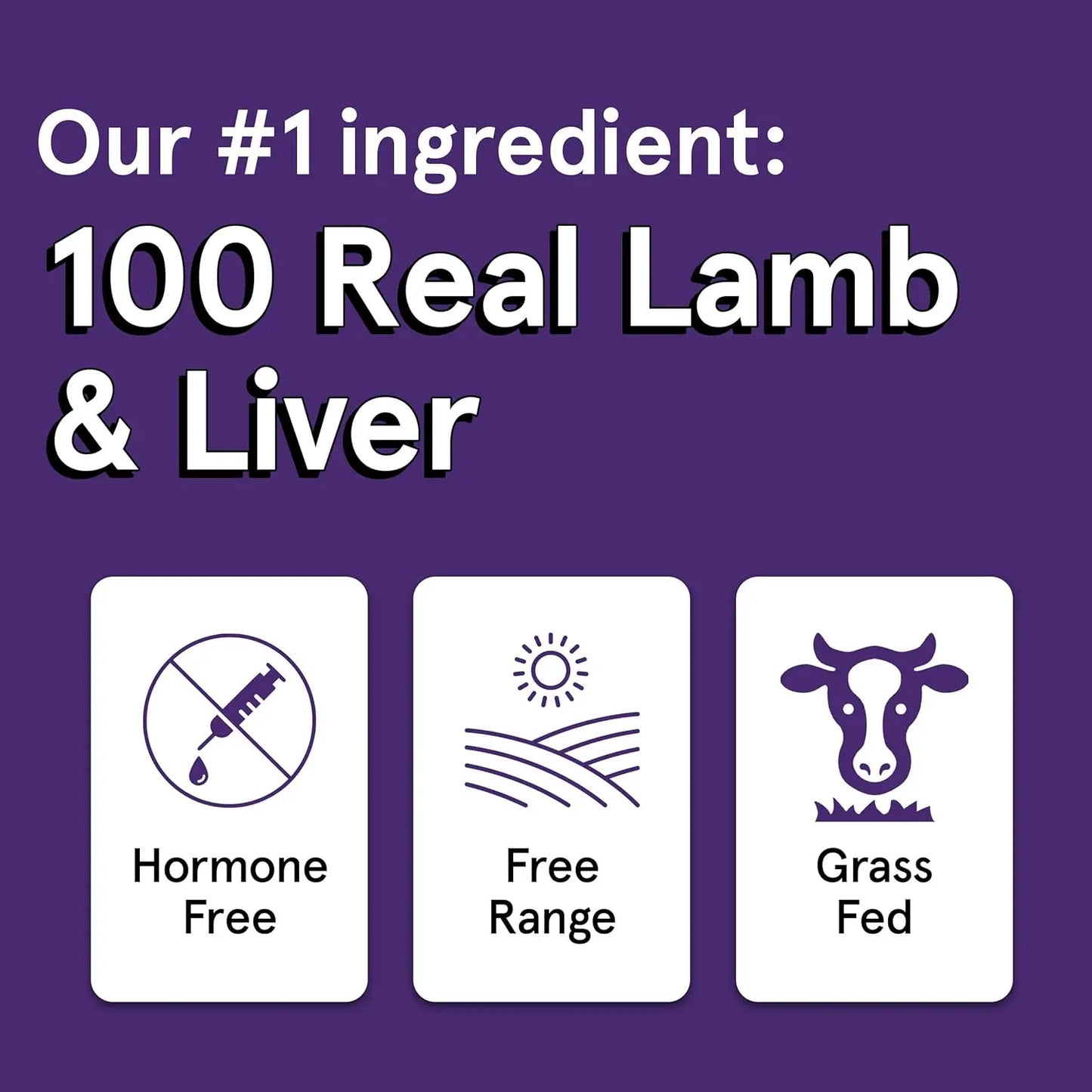 A purple graphic reads, “Our #1 ingredient: 100% Real Lamb & Liver.” Icons and text show Hormone Free, Free Range, Grass Fed—highlighting wholesome Real Meat® Lamb & Lamb Liver Jerky Dog Treats.