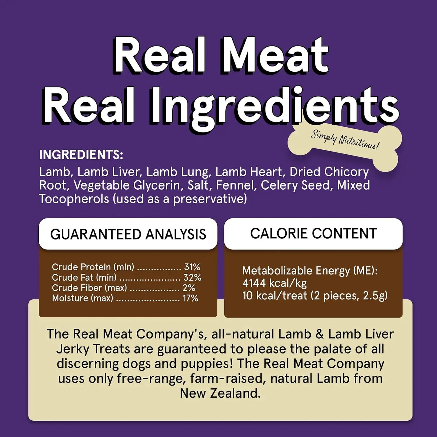 Product label for Real Meat® Lamb & Lamb Liver Jerky Dog Treat, featuring real ingredients and nutrition info. These treats use free-range, farm-raised New Zealand lamb for a wholesome, natural dog reward.