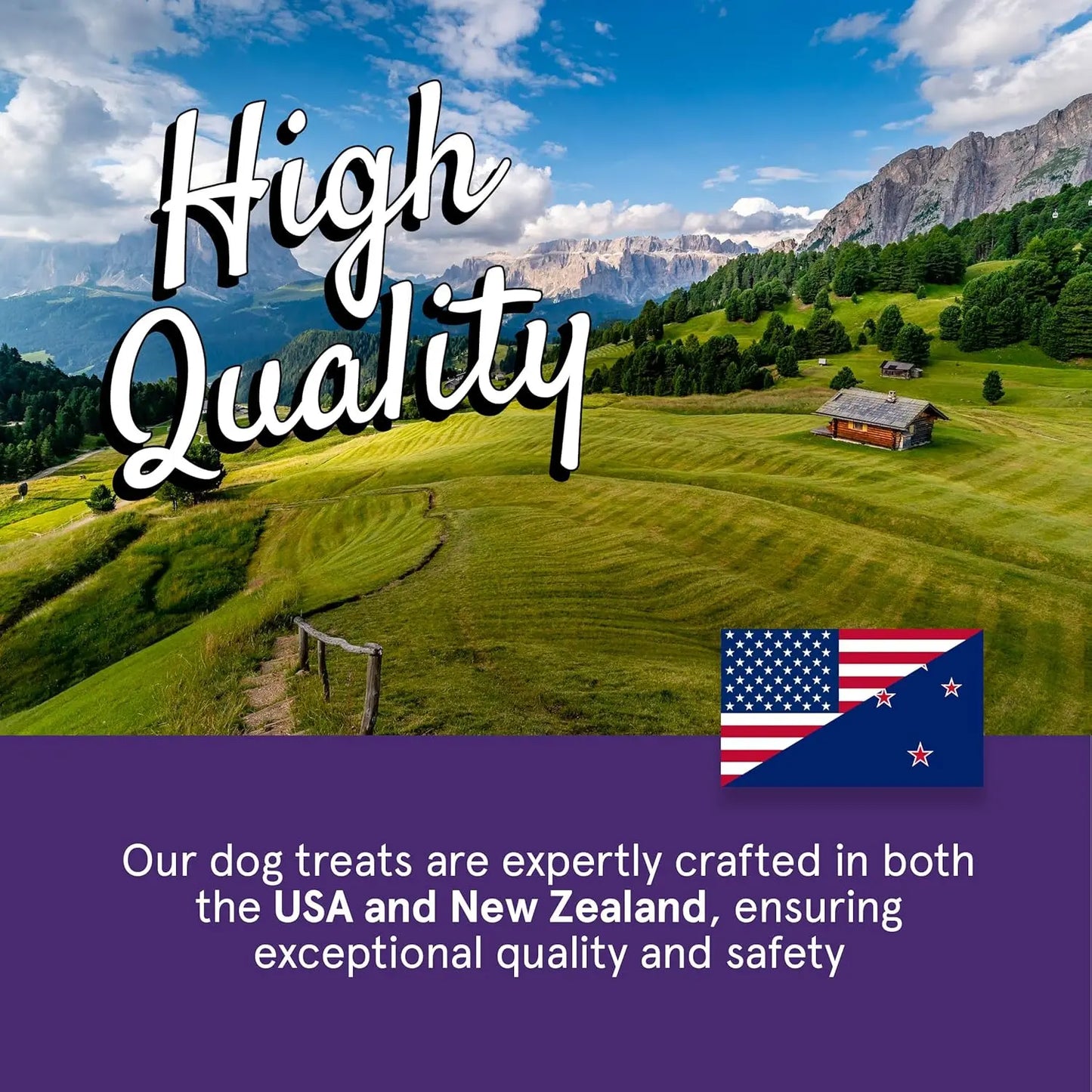 A scenic landscape with rolling green hills, trees, and mountains features “High Quality” text. Below, text states Real Meat® Lamb & Lamb Liver Jerky Dog Treats are made in the USA and New Zealand using real meat, with both countries’ flags shown.