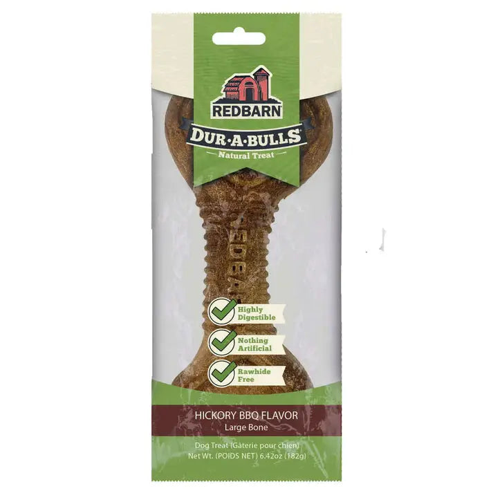 The Redbarn Pet Products Hickory BBQ Dur-A-Bulls Bone Healthy Dog Chew is a 6.42 oz (182g), rawhide-free, highly digestible dog treat with limited ingredients and nothing artificial, made by Redbarn.