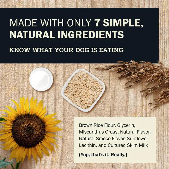 A promo image for Redbarn Hickory BBQ Dur-A-Bulls Bone shows 7 simple, limited ingredients—sunflower, brown rice bowl, and a list including brown rice flour, glycerin, miscanthus grass. Redbarn healthy dog chew options are also featured.