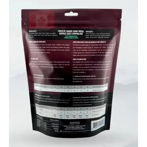 The back of the Rocky Mountain Raw Premium Freeze-Dried Raw Meal for Dogs Beef Formula 14 oz pouch displays ingredients, feeding instructions, and nutritional info in English and French on dark packaging emphasizing natural dog nutrition.