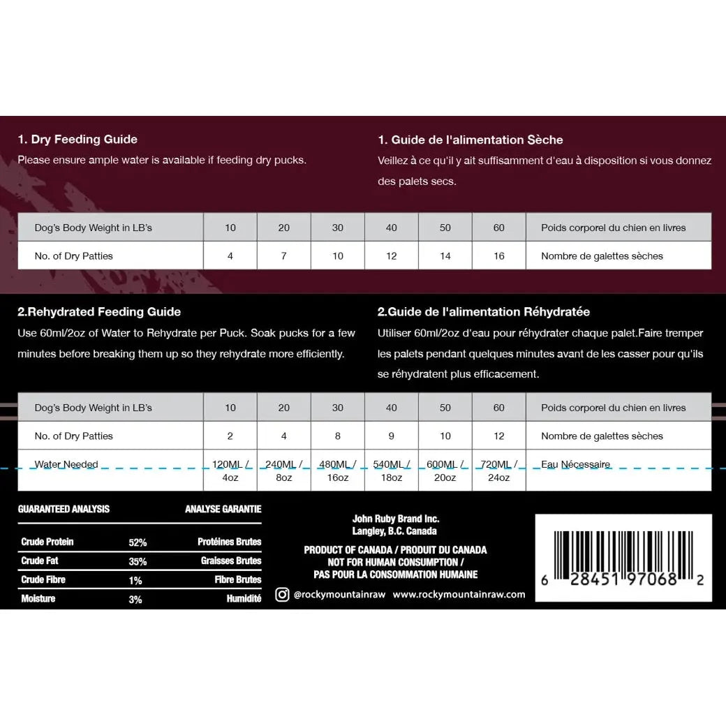 A feeding guide chart for Rocky Mountain Raw’s Beef Formula Freeze-Dried Raw Meal for Dogs 14 oz, with dry and rehydrated portions by dog weight, Natural Dog Nutrition tips, English/French instructions, and a barcode at bottom right.