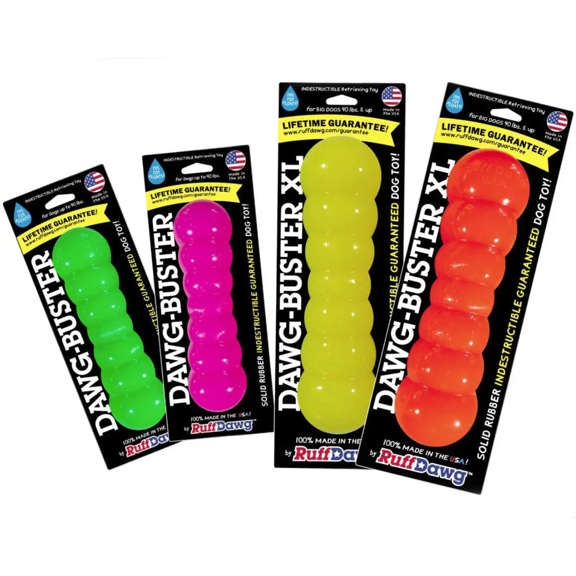 Four Ruff Dawg Dawg-Buster Tough Dog Toys by Ruff Dawg in green, pink, yellow, and orange—each comes in black packaging and is labeled as an indestructible rubber dog toy with a lifetime guarantee.