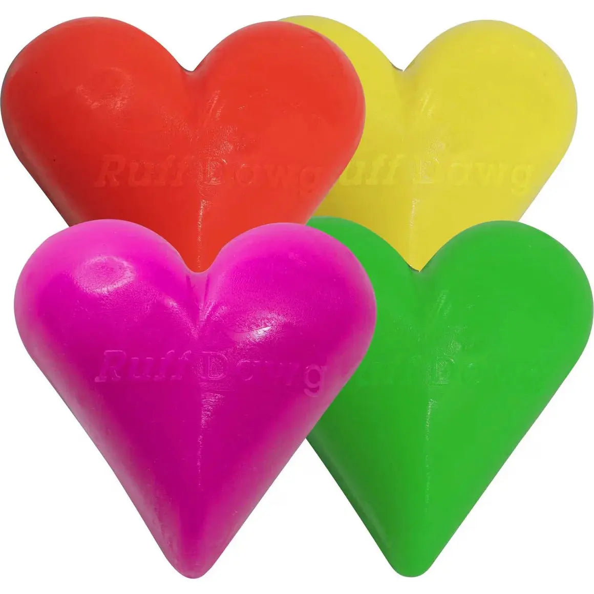 Four Ruff Dawg Dawg-Hart Tough Rubber Dog Chew Toys are shown in heart shapes and bright red, yellow, pink, and green colors. Each durable toy displays the Ruff Dawg brand and is arranged closely on a white background.
