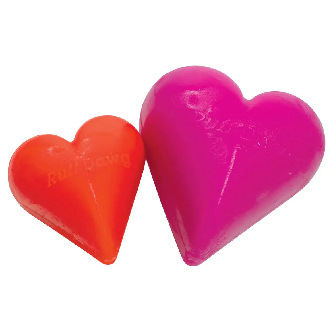 Two Ruff Dawg Dawg-Hart Tough Rubber Dog Chew Toys, one red and one pink, are side by side on a white background. Both durable toys feature the Ruff Dawg brand embossed on them.