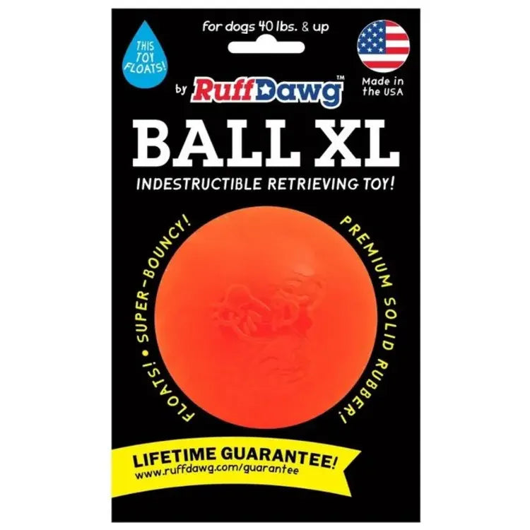 Packaging for Ruff Dawg, Ball Tough Dog Chew Toy by Ruff Dawg, a durable orange rubber ball for dogs 40 lbs+, made in the USA. Floats, bounces, and backed by a lifetime guarantee.