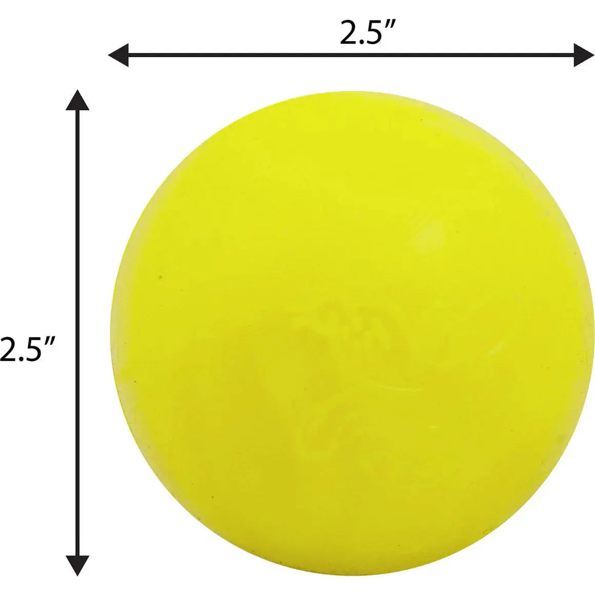 The Ruff Dawg Ball Tough Dog Chew Toy by Ruff Dawg is a yellow, durable rubber ball with a 2.5-inch diameter, shown with arrows and measurements to highlight its size.