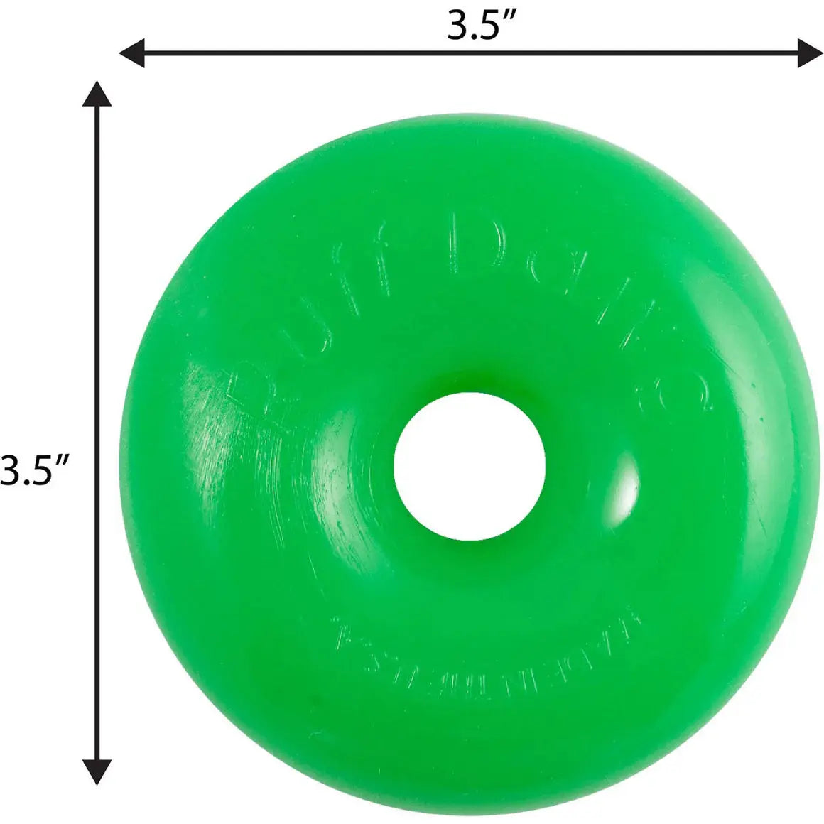 The Ruff Dawg, Dawg Nut Tough Dog Chew Toy is a green, donut-shaped rubber toy, 3.5 in diameter, embossed with Ruff Dawg and features a hole in the center. Black arrows indicate measurements on its durable surface.