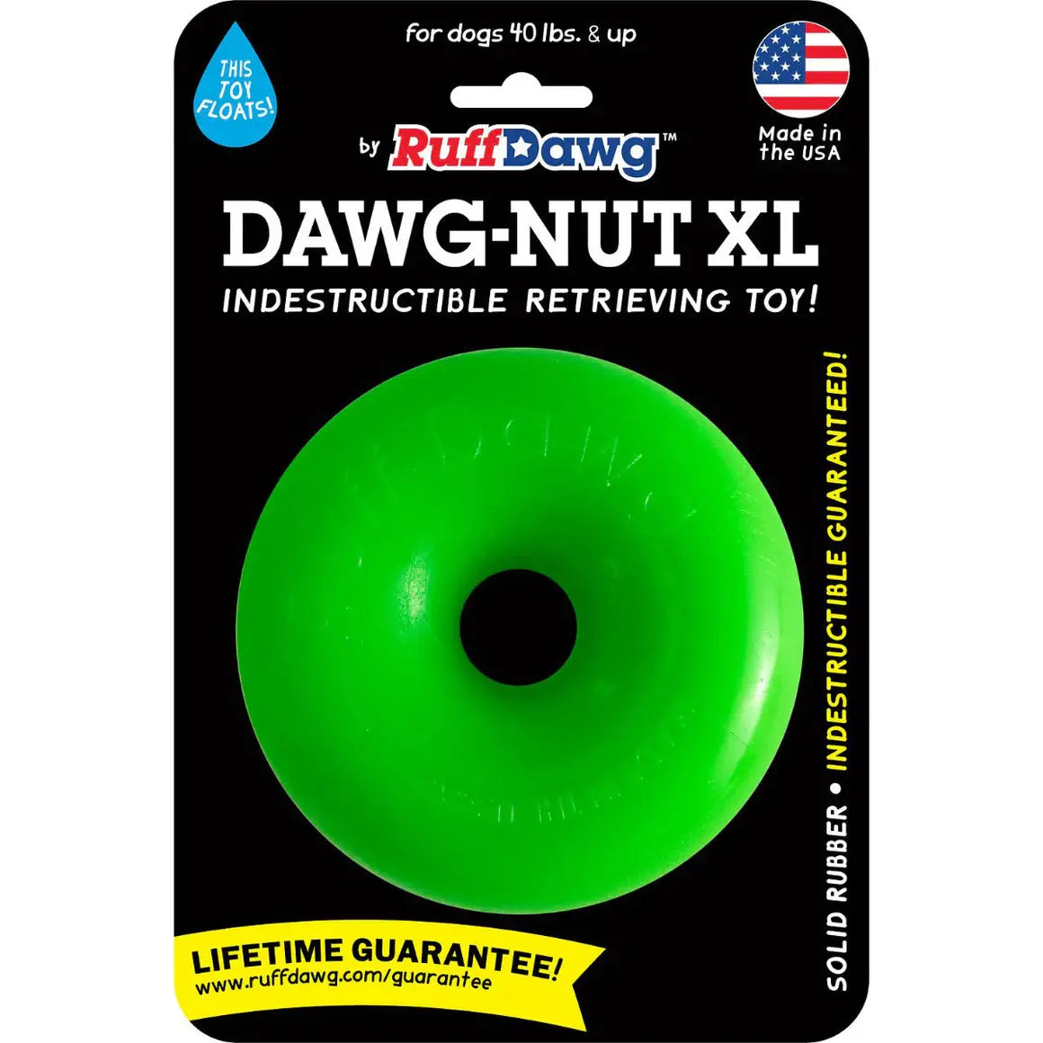 The Ruff Dawg Dawg Nut Tough Dog Chew Toy is a bright green, durable rubber donut displayed in black packaging emphasizing its indestructibility, floatability, lifetime guarantee, and the Ruff Dawg brand.
