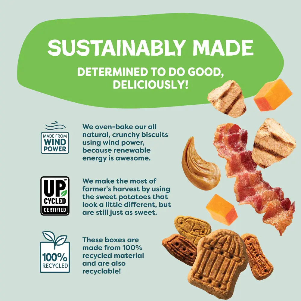 An infographic shows “Sustainably Made, Determined to Do Good, Deliciously!” with images of Shameless Pets Crunchy Bites Snack Mix dog treats—biscuits, bacon, sweet potatoes—and icons for wind power, upcycled ingredients, and digestive health.