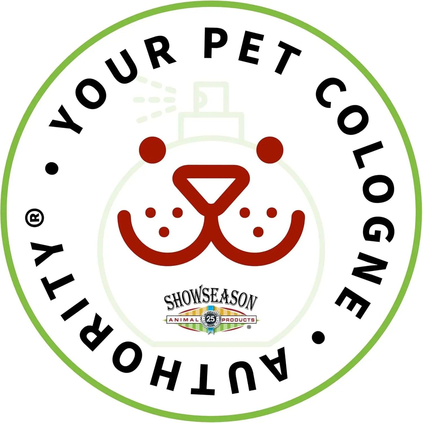 Circular logo with a perfume bottle forming a pet face, encircled by “YOUR PET COLOGNE AUTHORITY.” Below, “Showseason Apricot Chamomile Pet Cologne” by Showseason highlights trusted fragrance for grooming sessions.