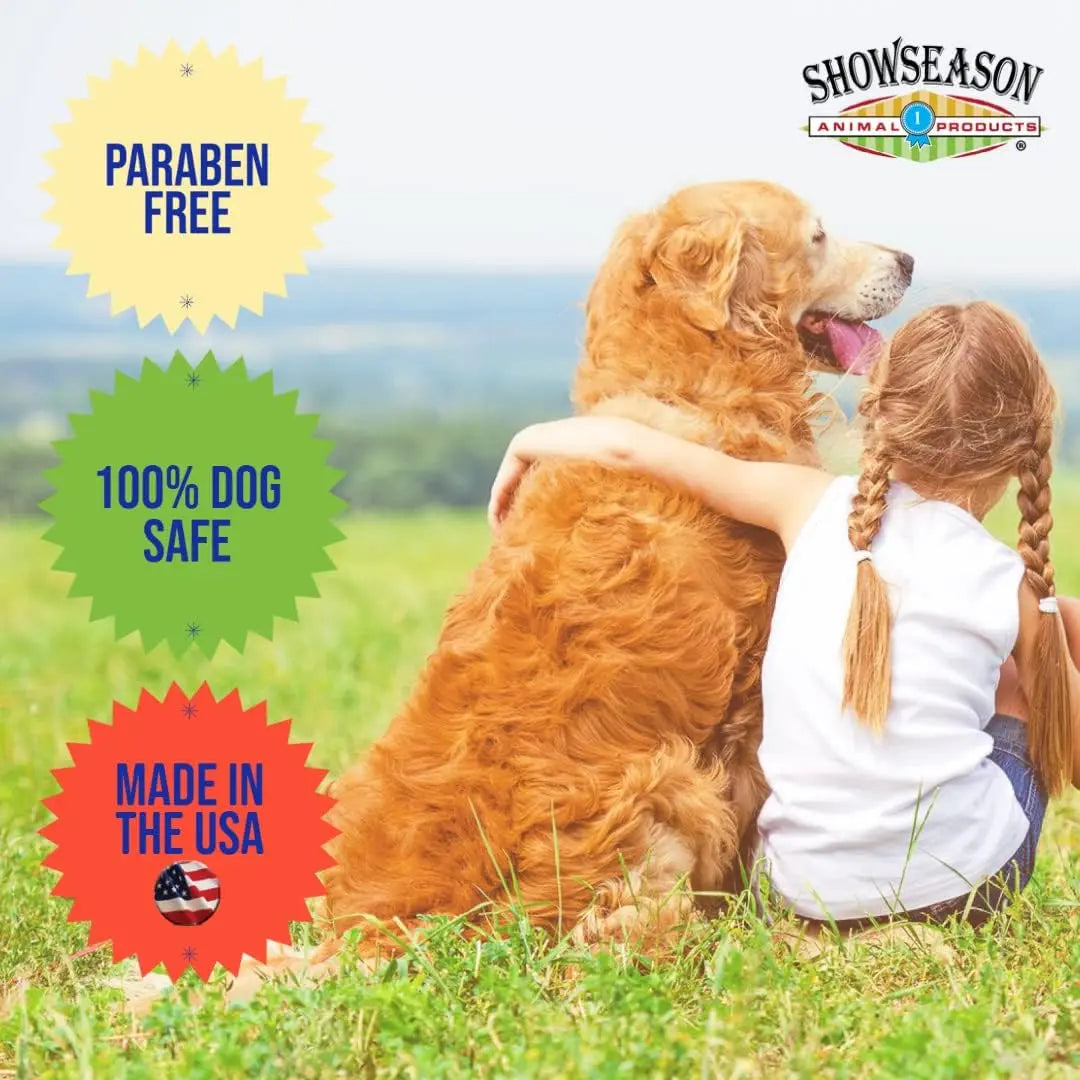 A girl hugs her golden retriever in a field after a fresh grooming with Showseason Apricot Chamomile Pet Cologne. Text: Paraben Free, 100% Dog Safe, Made in the USA. Showseason logo is at the top right.