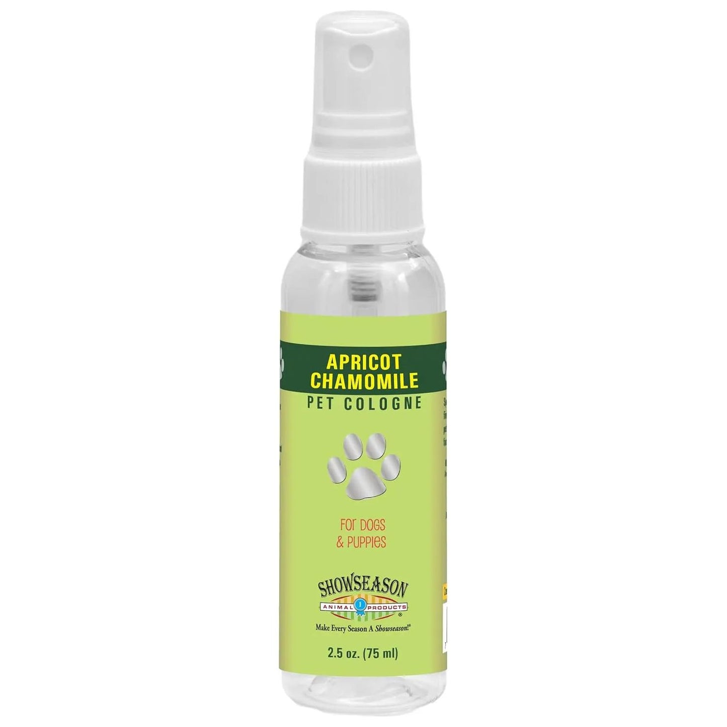 Showseason Apricot Chamomile Pet Cologne, 2.5 oz (75 ml), is perfect for freshening up your dog or puppy during grooming sessions. Features a cute paw print design with green, yellow, and white accents.