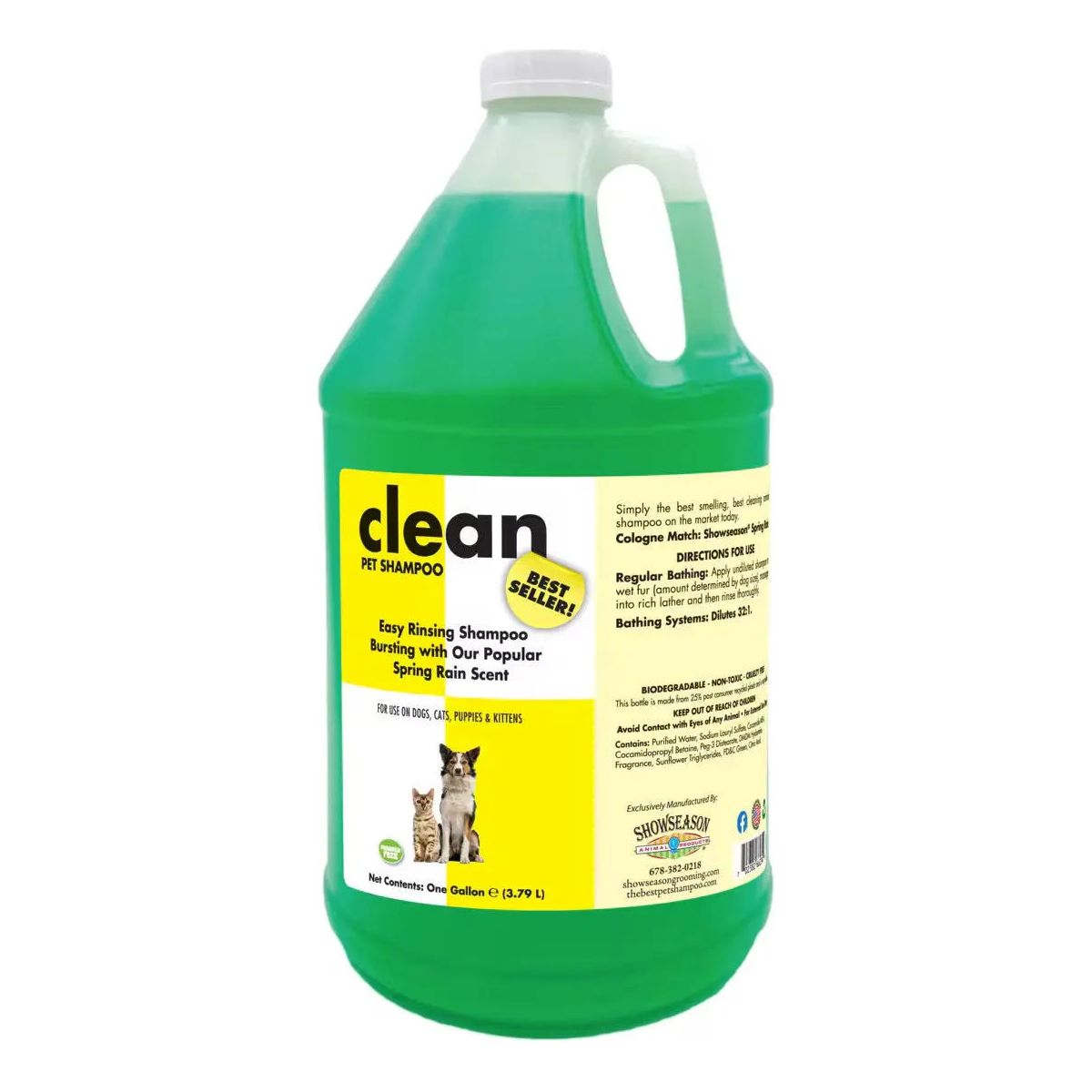 A 1-gallon jug of Showseason Clean Pet Shampoo All-Purpose Formula by Showseason, with green liquid. The label shows a dog and cat, notes its pH-balanced, best-selling, and suitable for dogs, cats, puppies, and kittens.