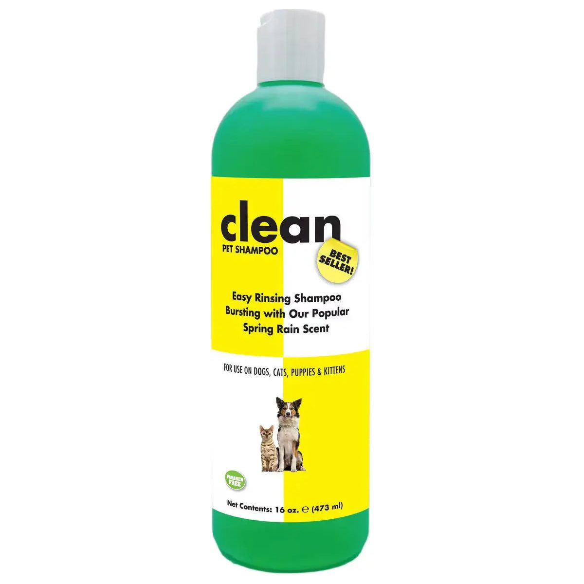A bottle of Showseason Clean Pet Shampoo All-Purpose Formula by Showseason, featuring a green cap and Best Seller label. Easy rinsing with Spring Rain scent—ideal for dogs, cats, puppies & kittens. Images are included.