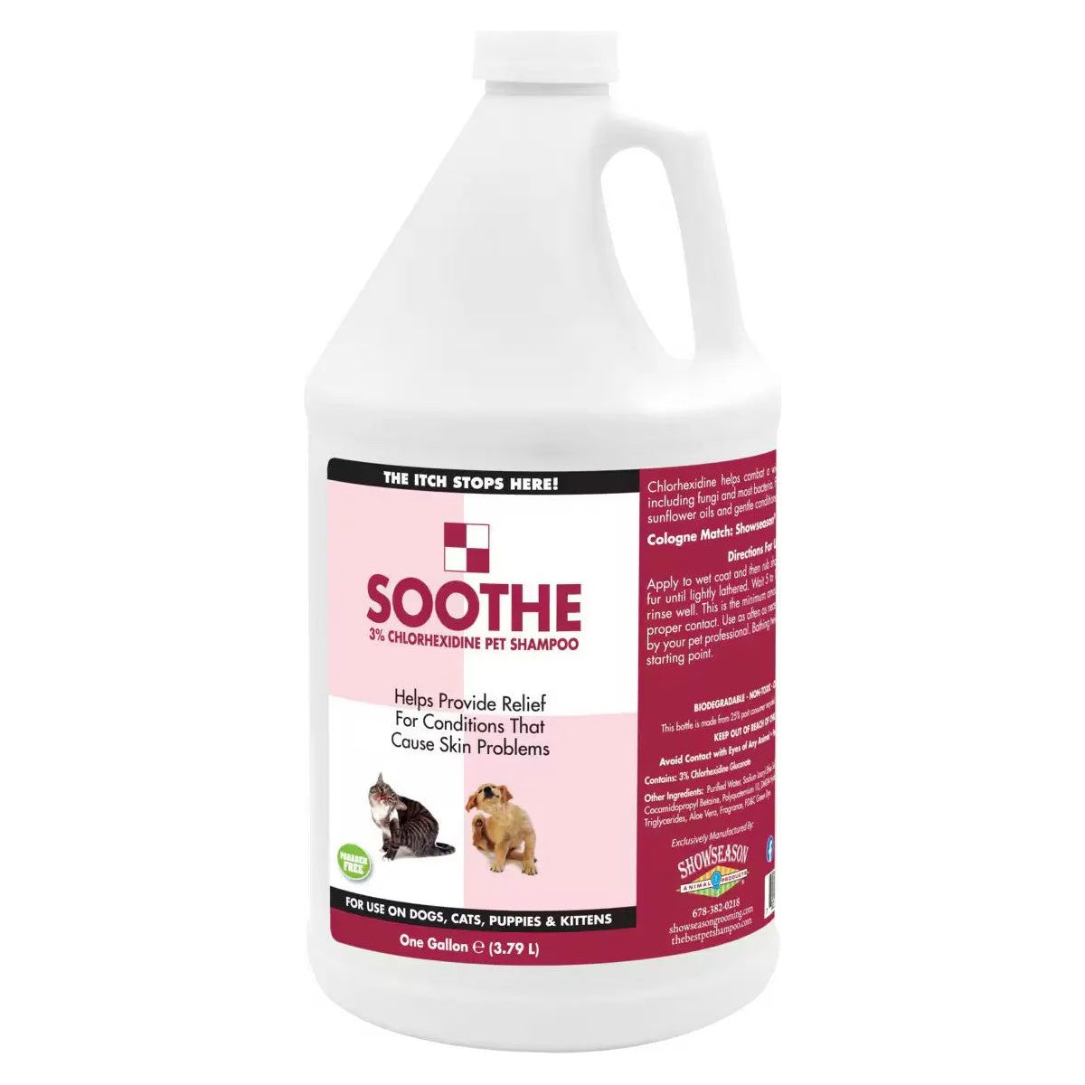 A one-gallon white jug of Showseason Soothe Shampoo for Dogs and Cats Antimicrobial Relief features a pink and white label with cat and dog images, offering 3% Chlorhexidine formula to help relieve pets skin problems.
