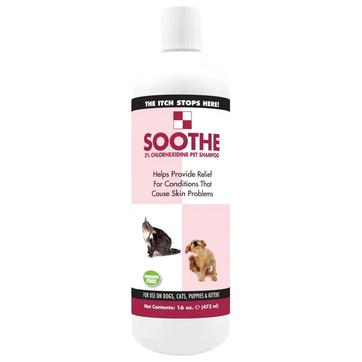 Showseason Soothe Shampoo for Dogs and Cats offers 3% chlorhexidine antimicrobial relief for skin conditions, is paraben free, and safe for dogs, cats, puppies, and kittens.