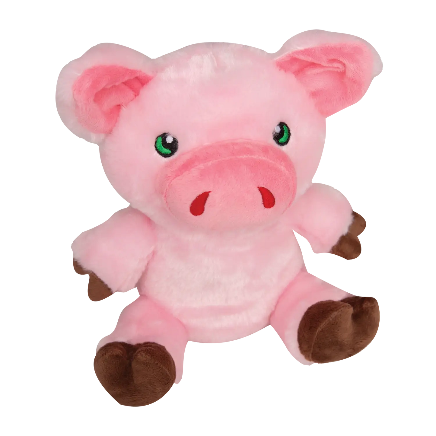 The SnugArooz Phat Pig Plush Squeaky Dog Toy features big green eyes, a round snout, brown hooves, floppy ears, and soft pink fur—perfect for cuddly playtime. This cute plush dog toy from SnugArooz sits upright for added charm.