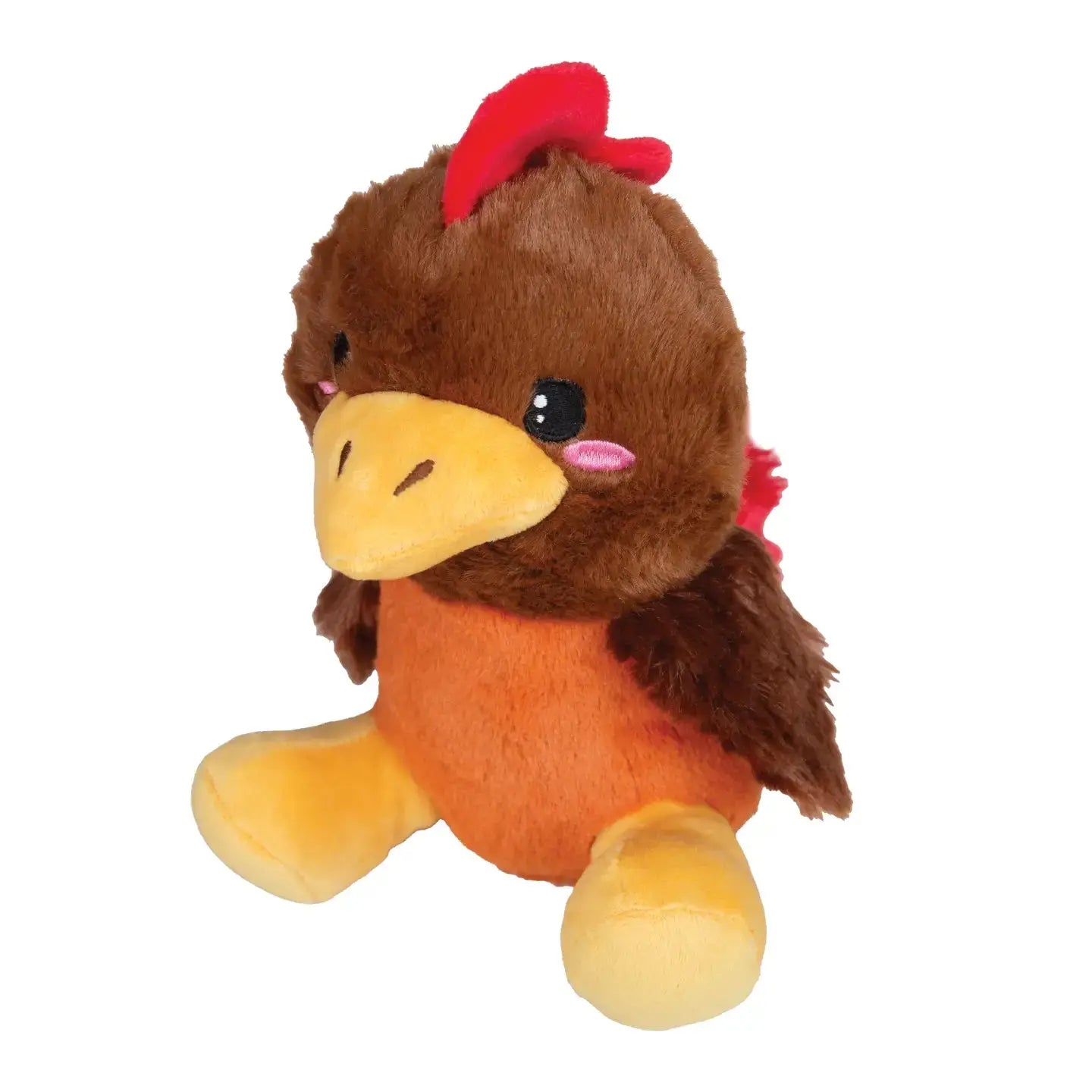 The SnugArooz Plush Squeaky Dog Toy by SnugArooz features a cartoon chicken design with brown and orange fur, yellow beak and feet, red comb and wings, plus pink blush on its cheeks, sitting upright on a white background.