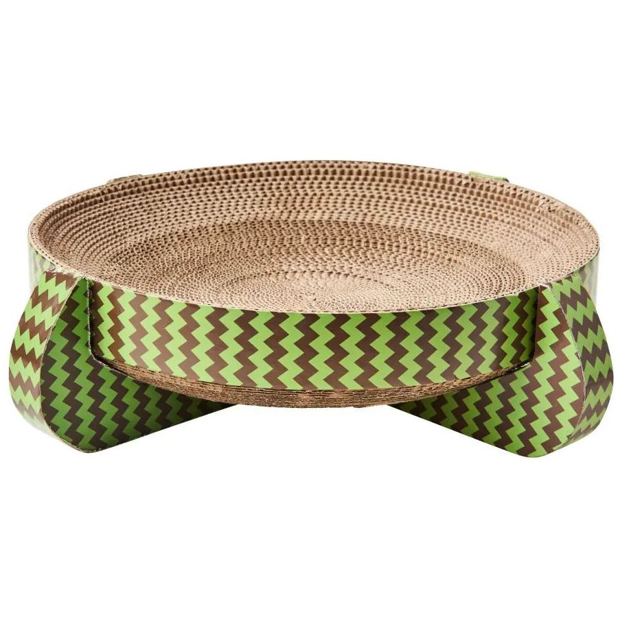 The Spot Nest Cat Scratcher by Spot features a round, elevated design with a woven zigzag pattern in green and brown, helping to promote nail health and protect your furniture.