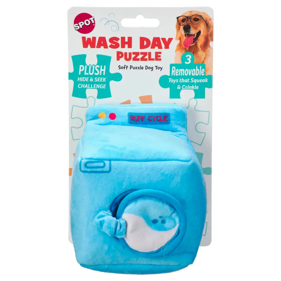 The Spot Wash Day Puzzle Dog Toy 6 in by Spot is a washing machine-shaped interactive toy with soft, crinkly, and squeaky fun. It includes three removable pieces for mental stimulation and endless hide-and-seek play for dogs.