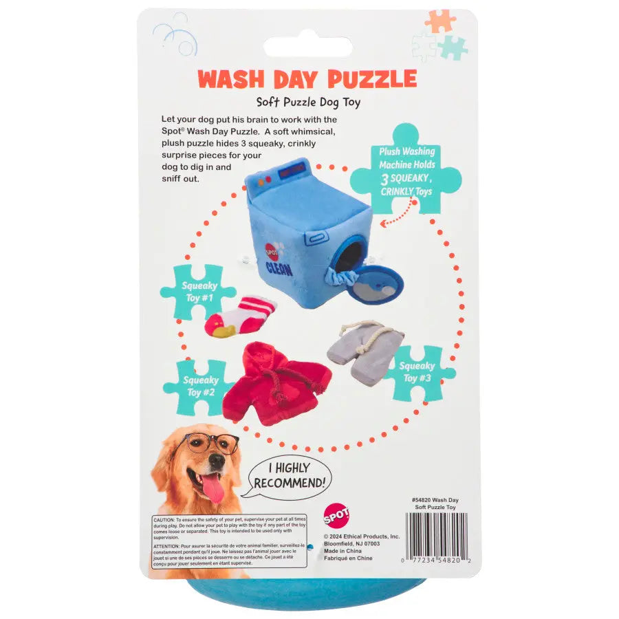 Back of Spot Wash Day Puzzle Dog Toy 6 in package shows a blue washing machine-shaped toy with three squeaky cloth pieces. Cartoon dog with sunglasses says, I highly recommend! Perfect for mental stimulation for dogs. Brand: Spot.