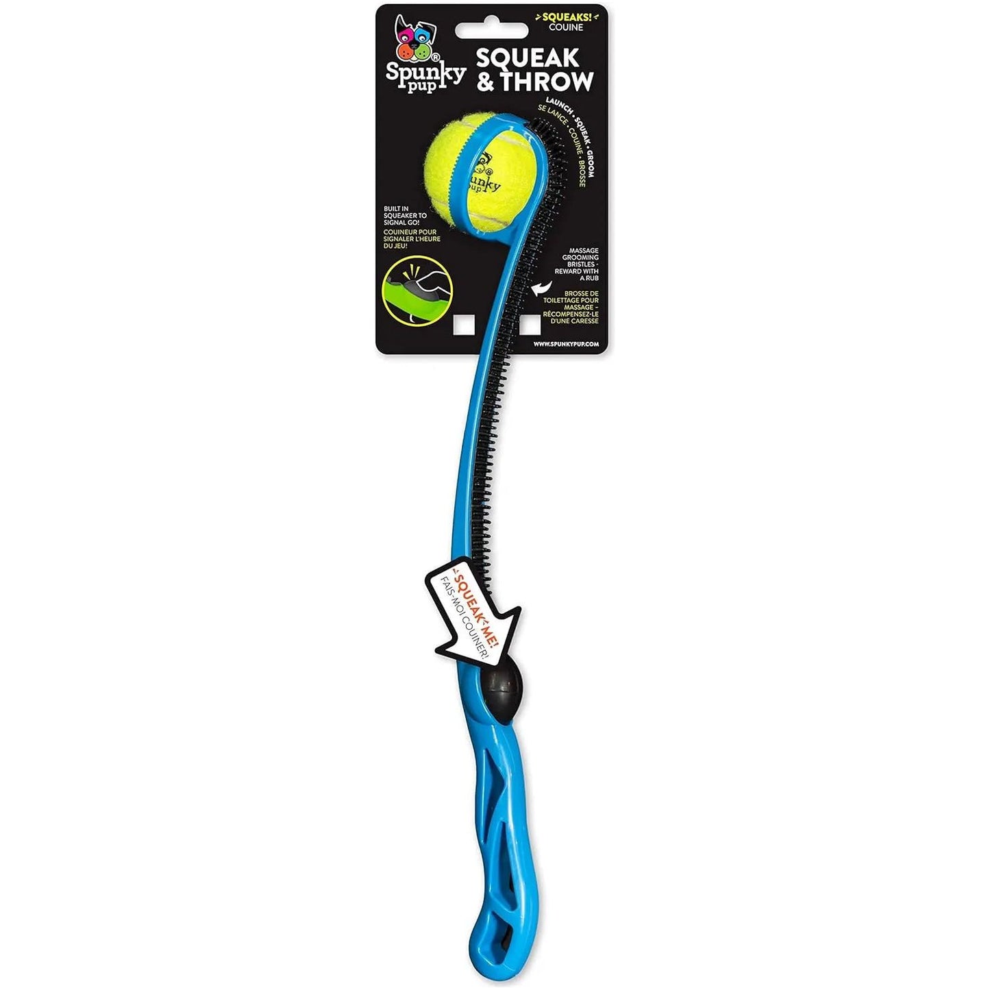 The Spunky Pup Squeak & Throw Ball Launcher for Dogs, by Spunky Pup, includes a blue handle for hands-free pickup and a yellow squeaky tennis ball—ideal for fetch and noisy playtime.