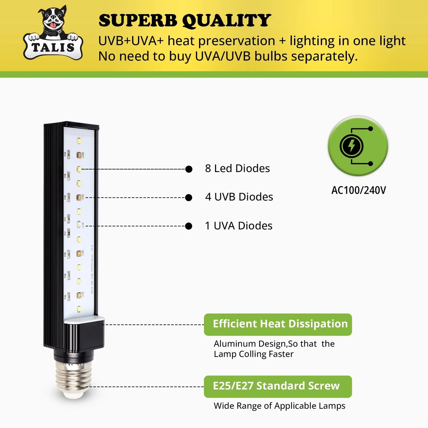 Talis-us LED UVA /UVB Sun Lamp Reptile Lights for Turtle Chameleon Lizard and Snake Talis Us