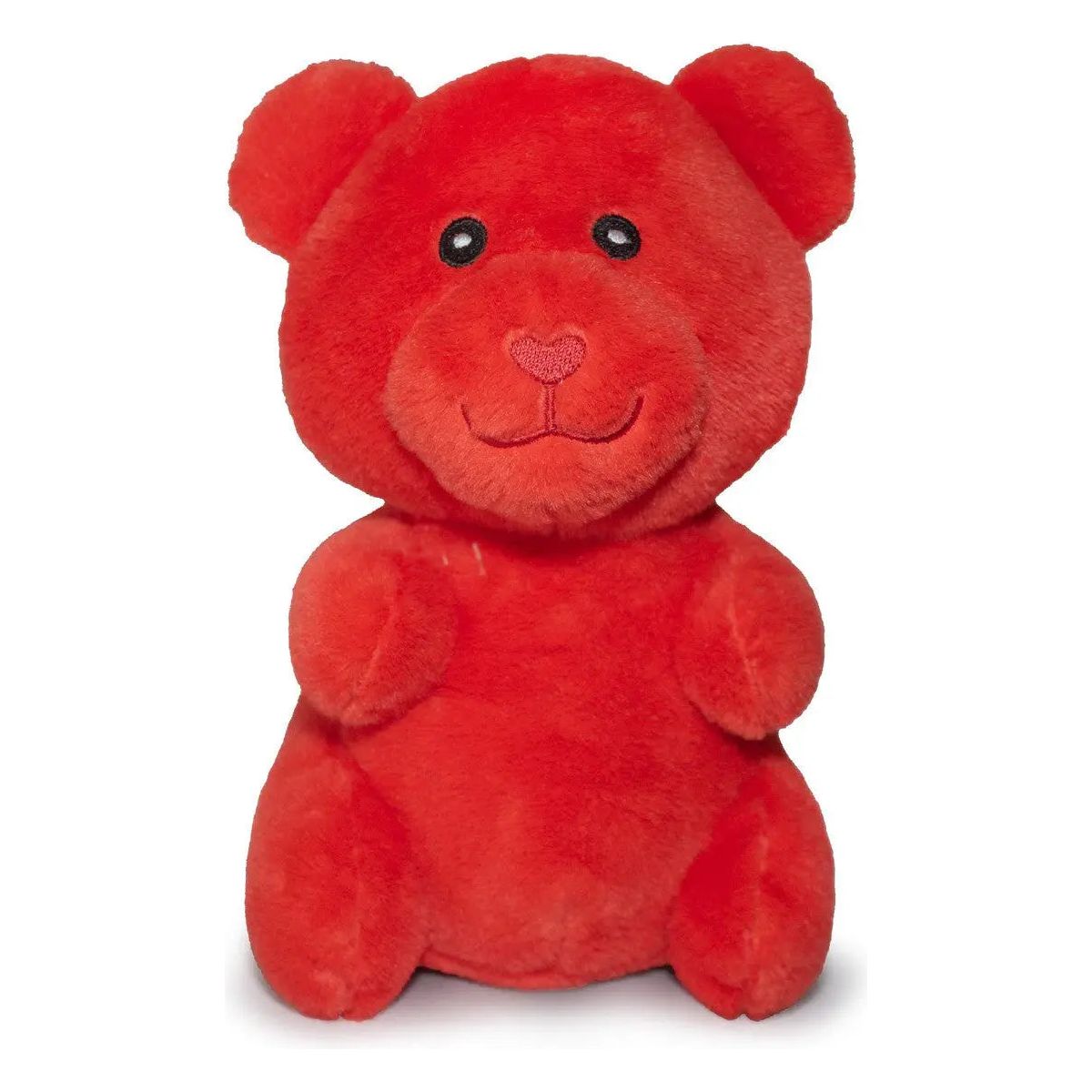 The ThoozyPet Gummy Bear Plush Dog Toy by ThoozyPet is a bright red, soft, and furry squeaky toy with black eyes, a stitched pink heart nose, rounded ears, and a smiling mouth—perfect for playful dogs!.