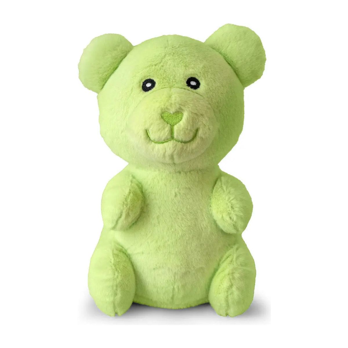 The ThoozyPet Gummy Bear Plush Dog Toy by ThoozyPet is a bright green teddy bear-shaped toy with black eyes, a heart-shaped nose, and a friendly smile, shown sitting upright against a white background.