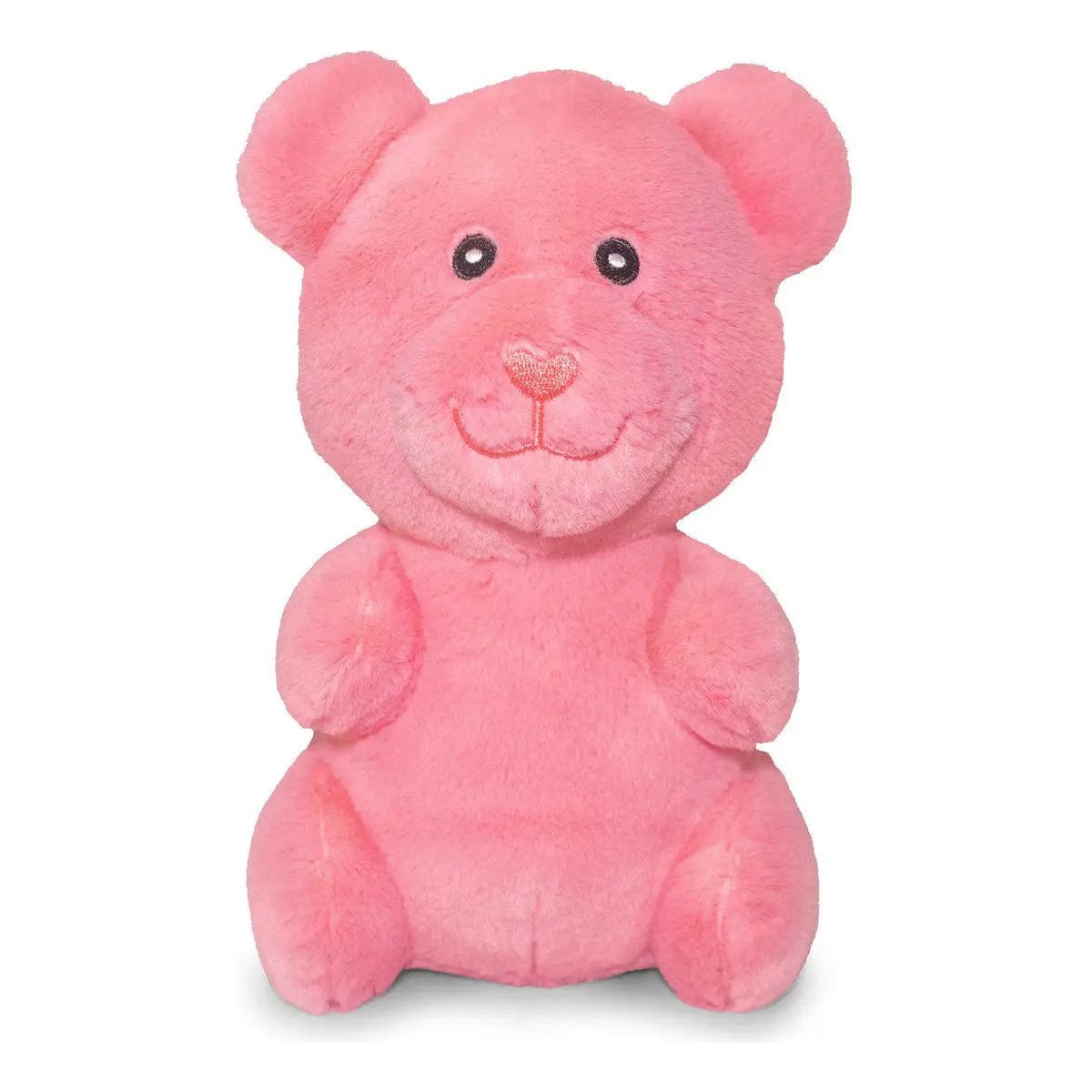 The ThoozyPet Gummy Bear Plush Dog Toy by ThoozyPet is a pink plush teddy bear dog toy with a smiling face and round ears, sitting upright—perfect as a cuddly toy for your furry friend.