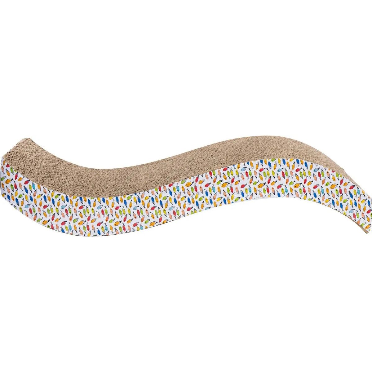 The ThoozyPet Shallow Wave Cat Scratcher by ThoozyPet is an eco-friendly, wavy brown scratcher crafted from recycled cardboard with vibrant feather patterns on the sides.