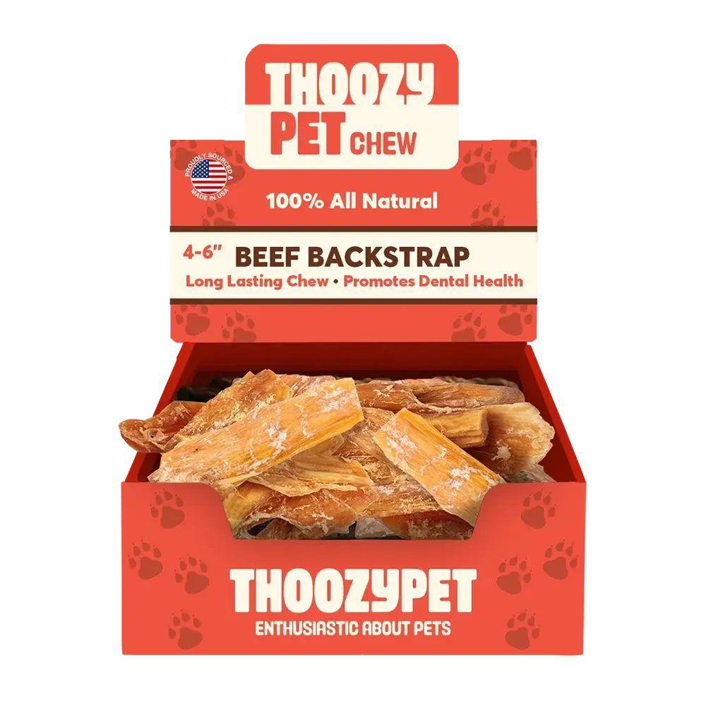 An open box of ThoozyPet USA-Sourced Beef Backstrap Dog Chews 4-6 50ct shows natural, dried chews inside. The red ThoozyPet packaging with paw prints highlights dental health benefits for dogs.