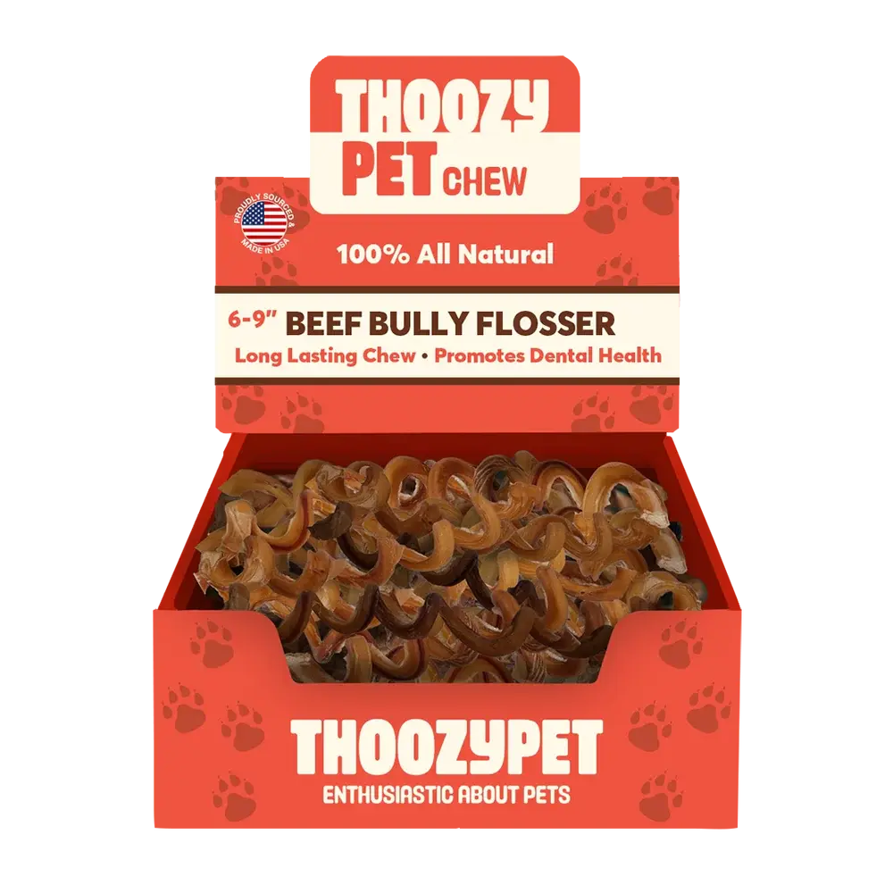 A red and brown ThoozyPet box labeled USA-Sourced Beef Bully Flosser Dog Chews 6-9\ 15ct contains spiral-shaped, 100% all natural beef chews that promote dental health.