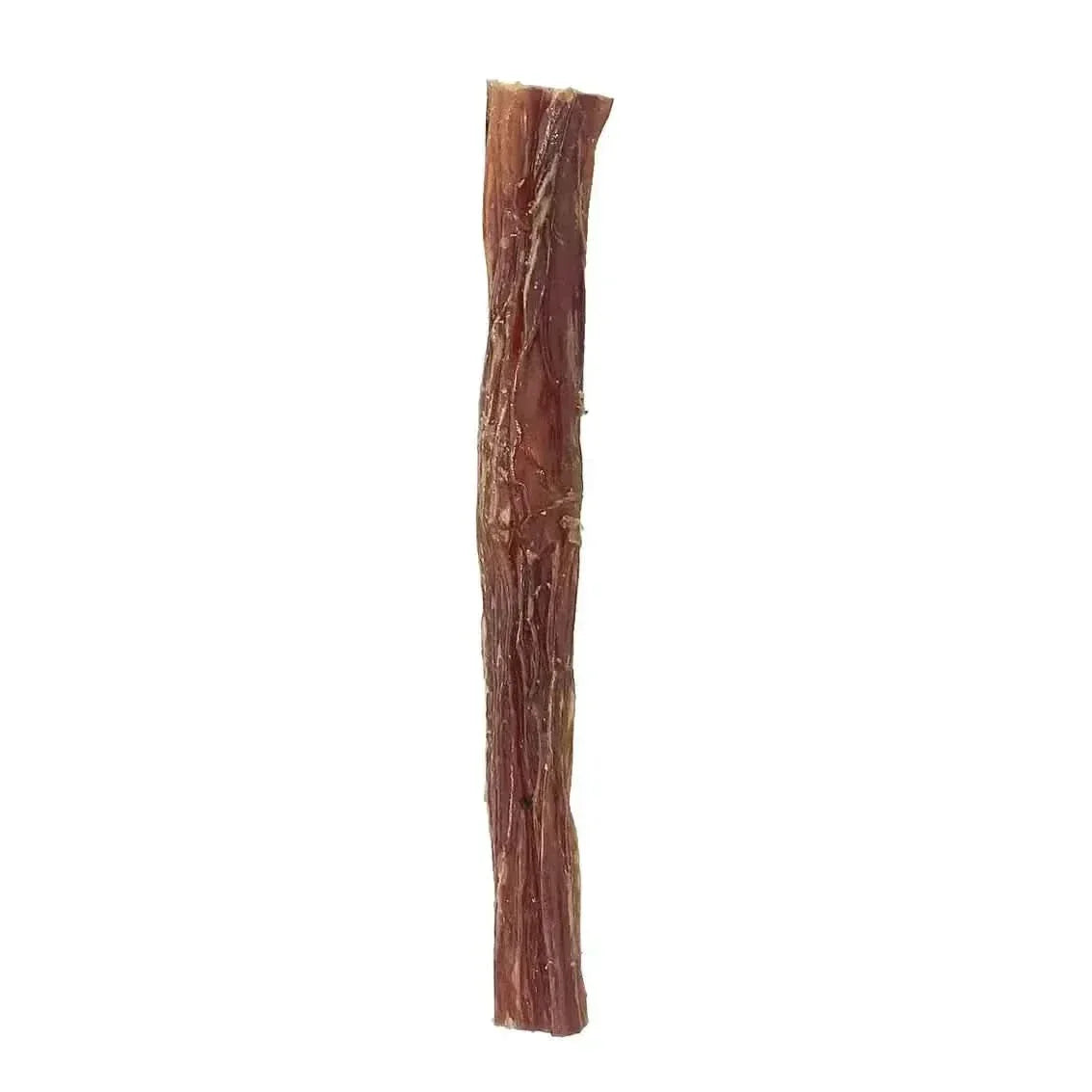 A single ThoozyPet USA-Sourced Beef Bully Stick Dog Chew stands upright against a plain white background, displaying the brands natural textured dog treat.