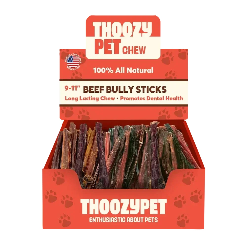A red ThoozyPet box holds rows of 9-11 inch USA-sourced beef bully stick dog chews, labeled as 100% all natural, long lasting, and promoting dental health.