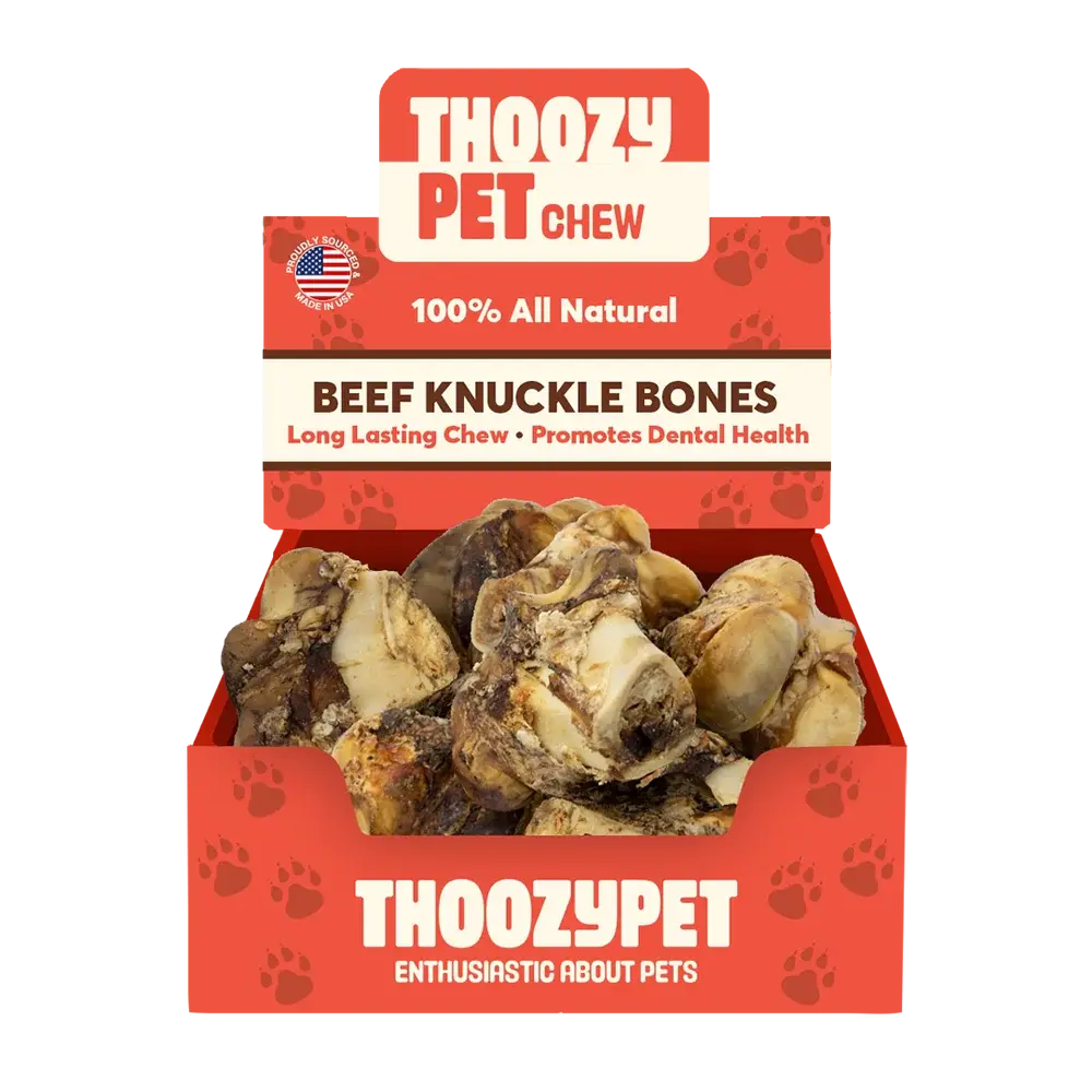 Open ThoozyPet USA-Sourced Beef Knuckle Bone Dog Chews 10ct—100% all natural, long-lasting, and promotes dental health. This red box with paw prints and an American flag icon highlights the USA-sourced quality from ThoozyPet.