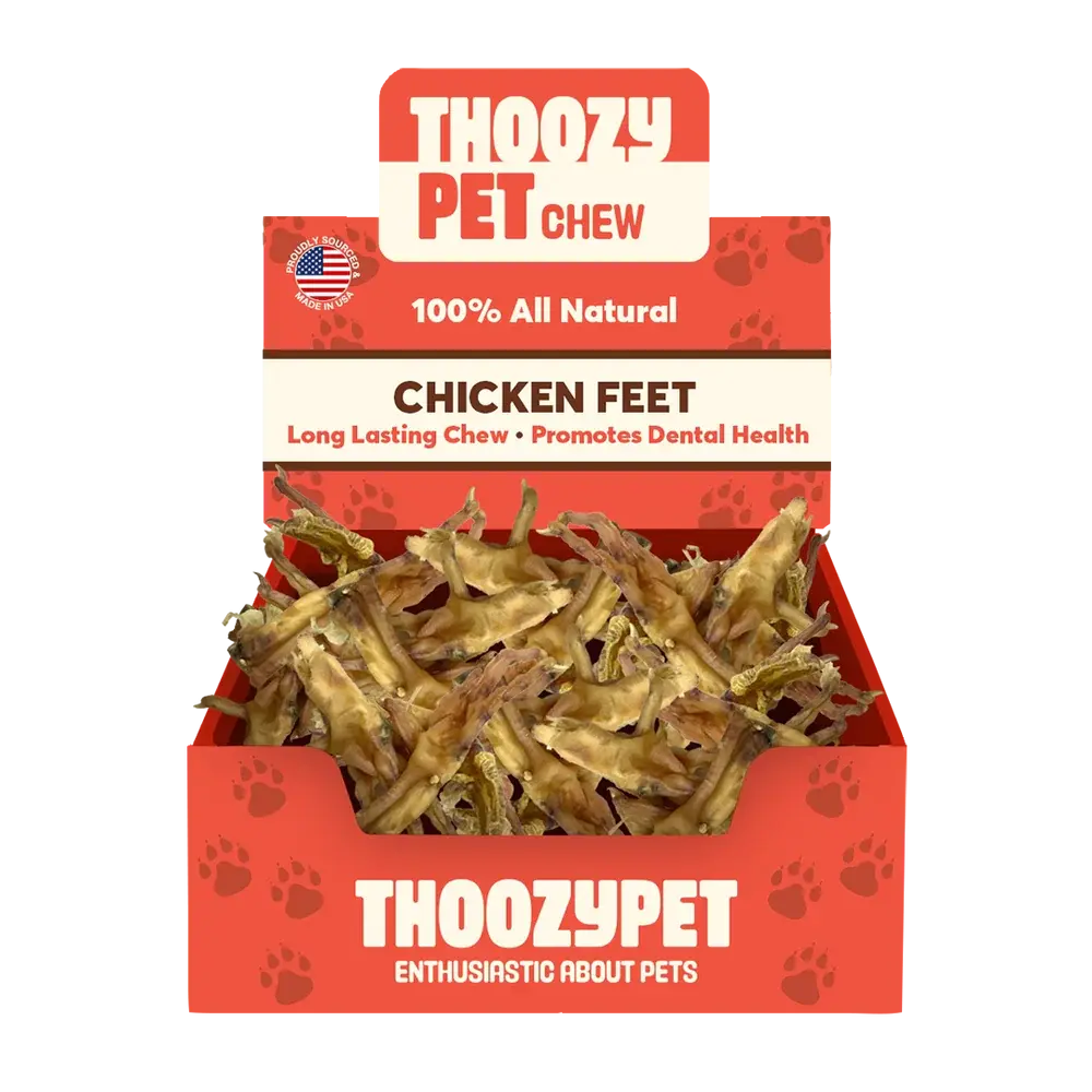 ThoozyPet USA-Sourced Chicken Feet Dog Chews 20ct are 100% all-natural, long-lasting dental health treats. The box features dried chicken feet and paw print designs, proudly from ThoozyPet.