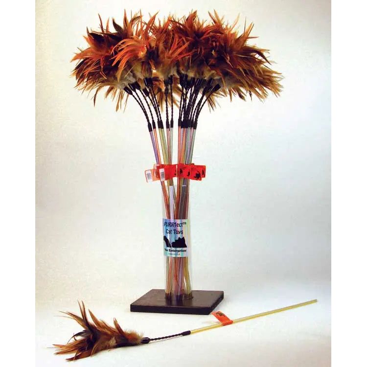 A display stand holds several Vee Enterprises The PURRfect Wiggle Bouncer Interactive Cat Toy Wands, each with a long plastic rod and feathered tip. One toy is shown separately, featuring a yellow stick and brown, fluffy feather end.