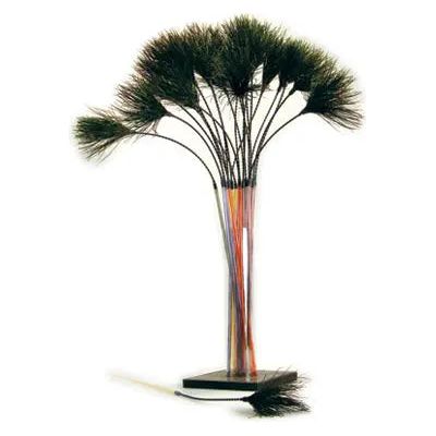 A bundle of long, thin rods with black bristles at the ends, arranged in a glass vase like a bouquet, resembles Vee Enterprises The PURRfect Wispy Bouncer – Irresistible Fun for Your Cat by Vee Enterprises. One rod lies in front.