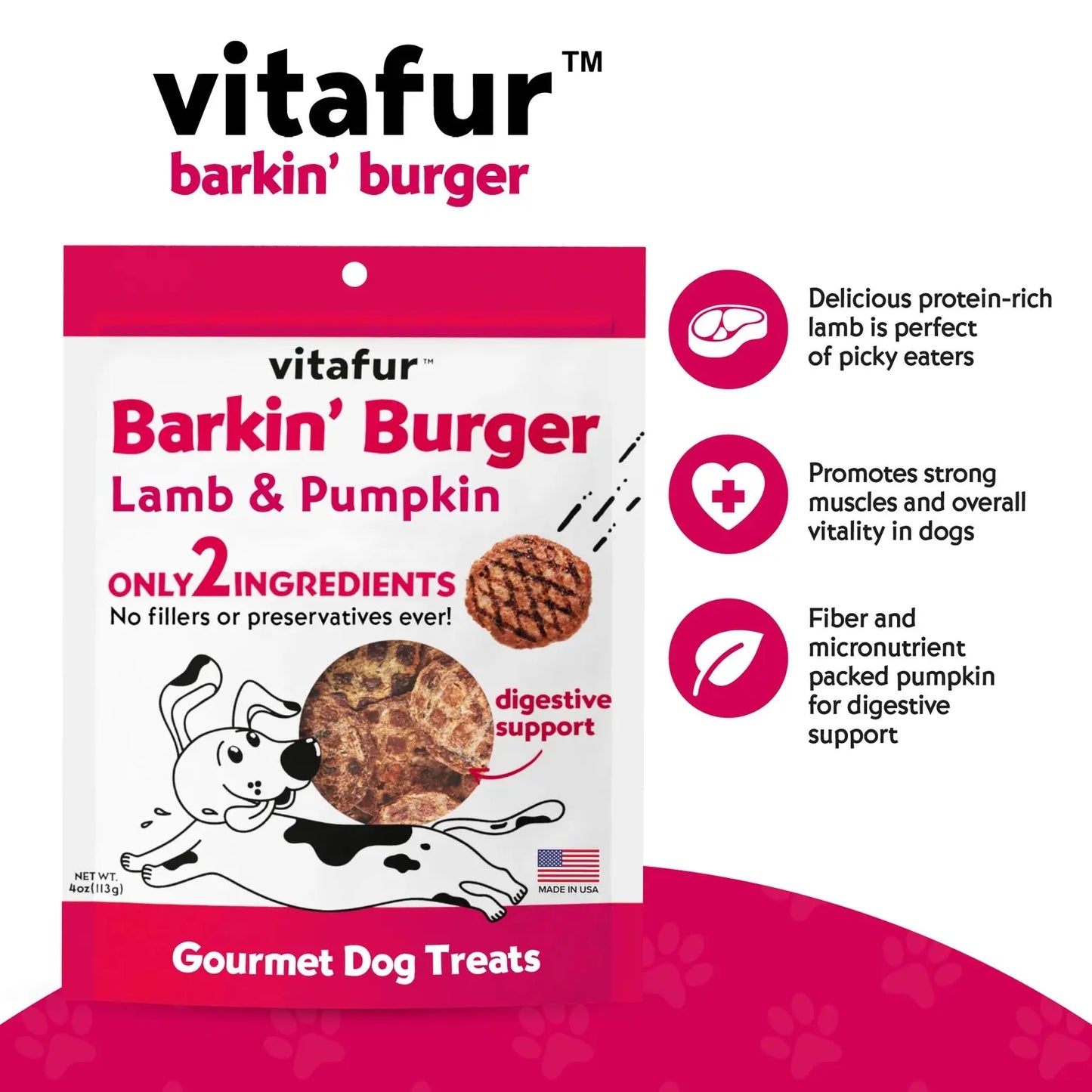 Vitafur Barkin Burger Lamb & Pumpkin Dog Treat 4 oz Vitafur