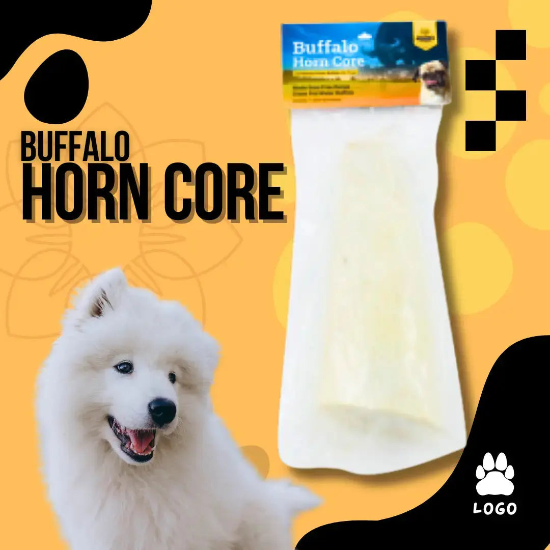 A fluffy white dog sits next to Advance Pet Products Water Buffalo Horn Core Chew for Healthy Teeth on a yellow background with black accents, bold “Buffalo Horn Core” text, and a paw print logo—ideal for natural chewing satisfaction.