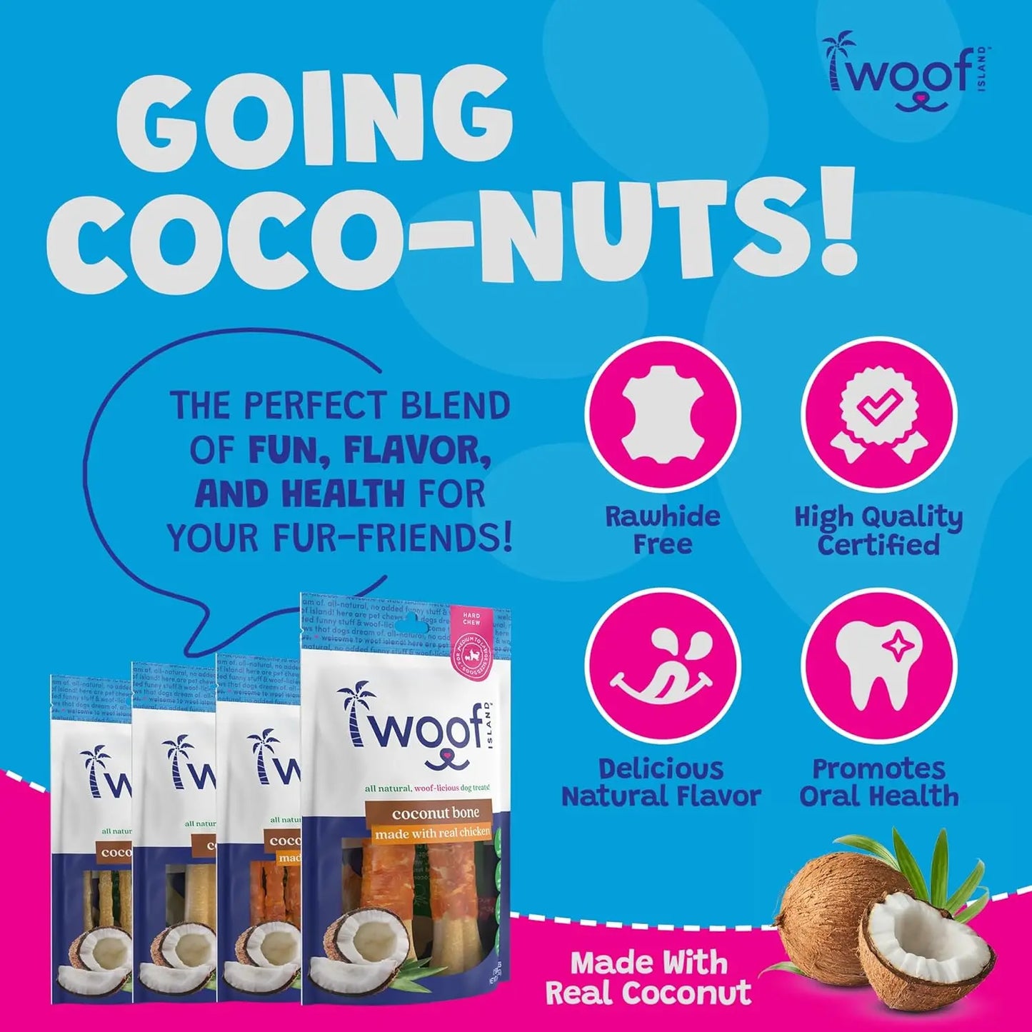 Promotional image for Woof Island Coconut Sticks – All Natural Rawhide Free Dog Chews – features four packs, coconuts, and icons highlighting high-quality, delicious flavor, oral health support, real coconut, and rawhide-free benefits.